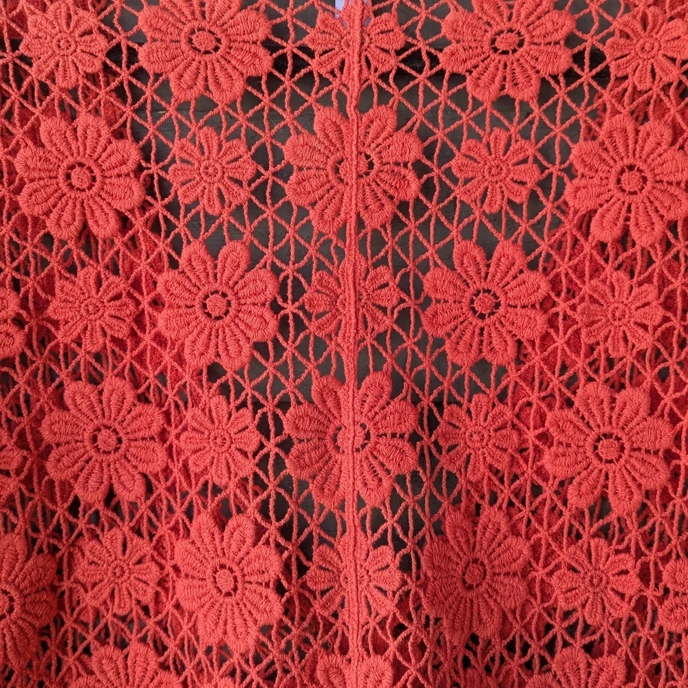 Vicki Wayne Coral Orange Floral Crochet Front Tie Cropped Cardigan Medium Boho - Picture 9 of 10